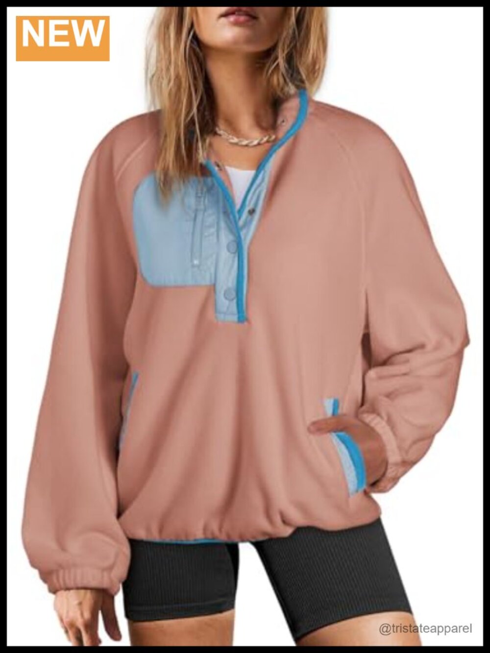 Oversized Fuzzy Fleece Color Block Sherpa Sweatshirt with Button V-Neck
